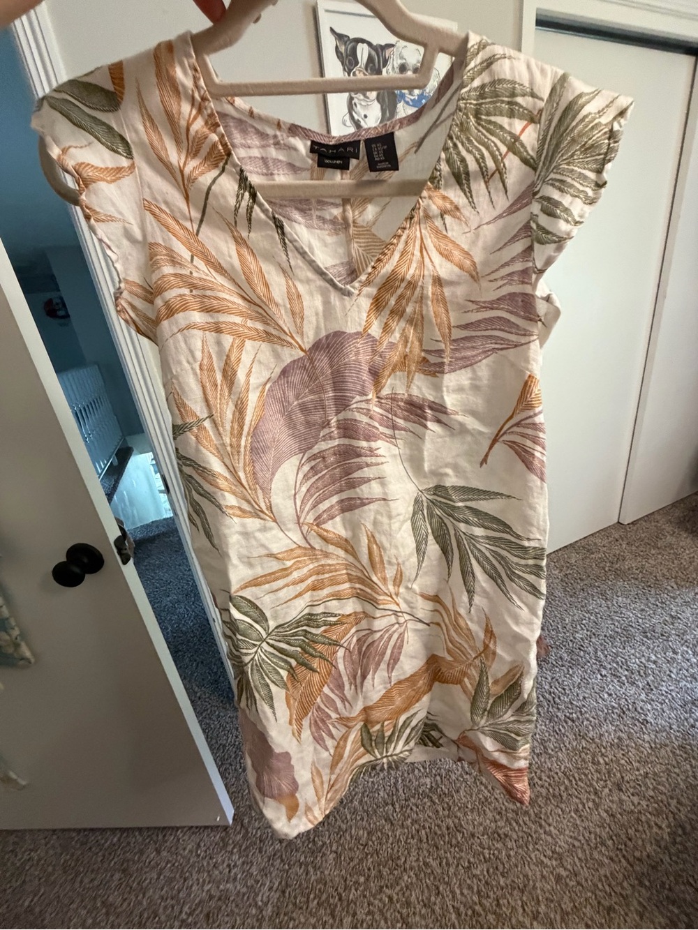Tahari White Tropical Leaf Print Linen-Blend Tunic